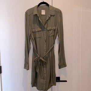 Olive button-down waist tie shirt dress